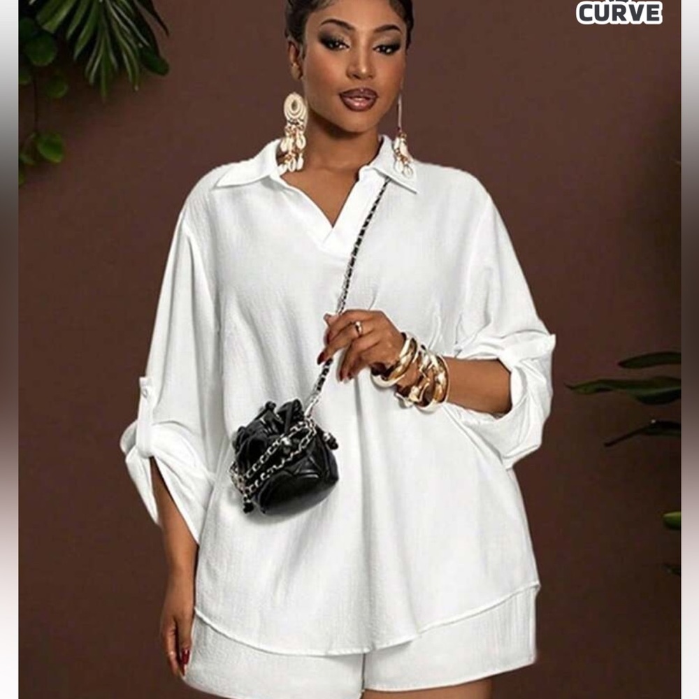 SHEIN White Blouse with Rolled Sleeves & Shorts Set